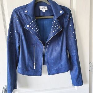 Joseph Ribkoff faux leather blue studded crop jacket